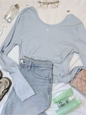 Nike Light Blue Cropped Long Sleeve Top Ribbed Athleisure XL